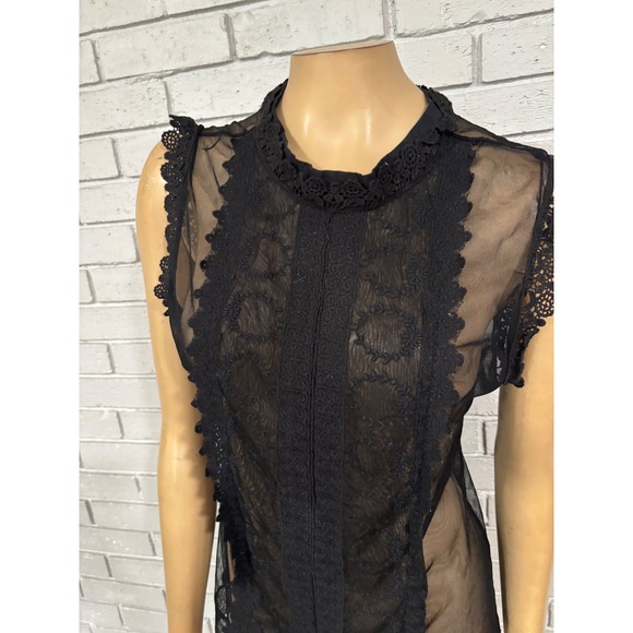 Womens Black Lace Sheer‎ Mock Neck Sleeveless Top Dark Academia Fairy Grunge - Picture 3 of 6